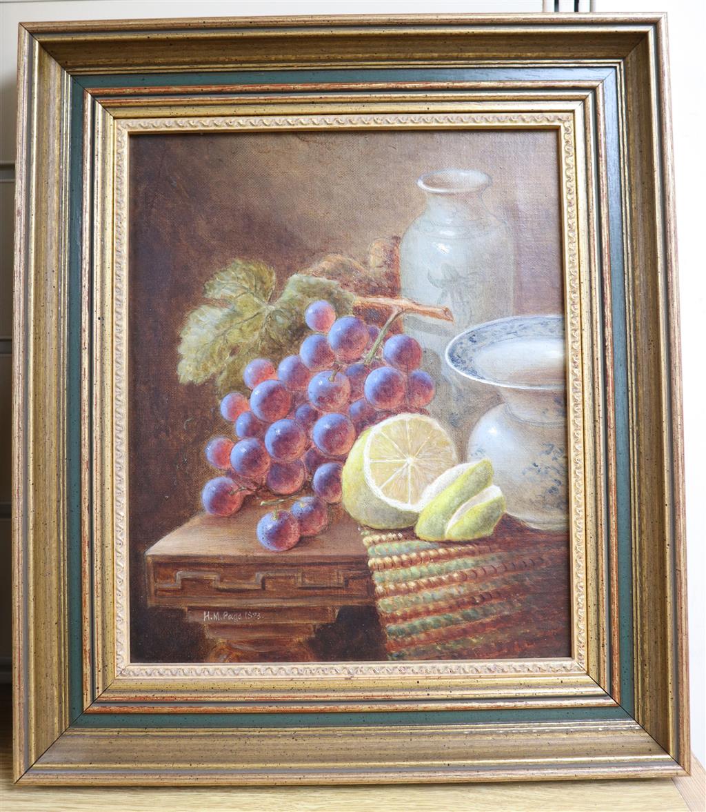 H. M. Page, Still life with grapes, lemon and vessels on a table, signed and dated 1873, 28 x 23cm